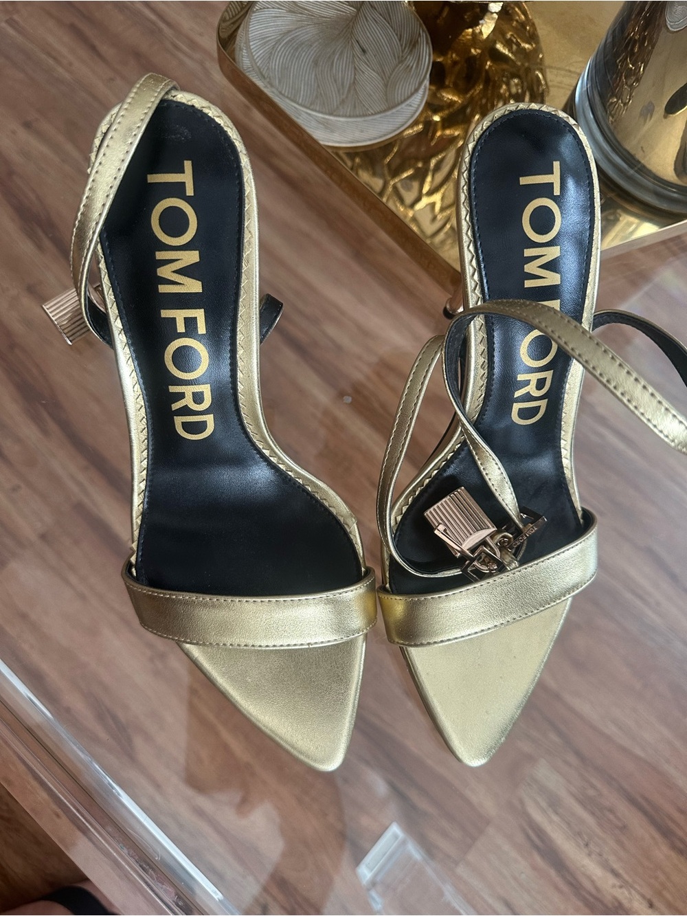 Tom Ford Metallic Gold Pointed-Toe Ankle-Strap Heels - Picture 2 of 7